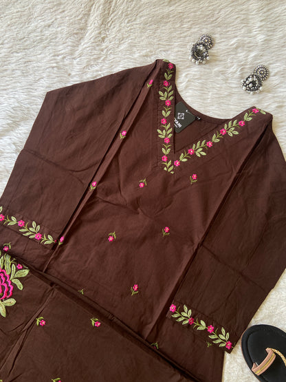 Flower Embroidery Work Cotton Aline Kurti With Palazzo. Cotton Kurti Sets For Women Online India. Shop the Latest Festive Summer Collection at Shivani Designer Kurti.