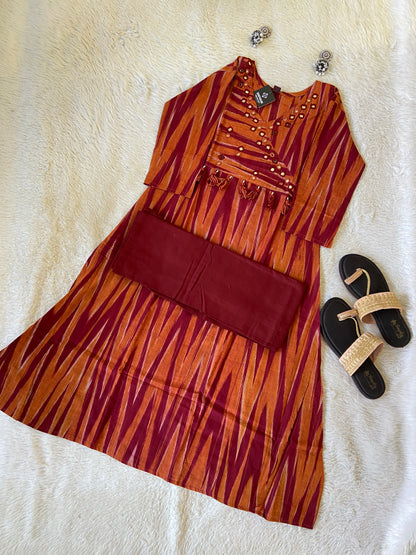 Ikkat Print Cotton Aline Kurti With Palazzo. Cotton Kurti Sets For Women Online India. Shop the Latest Festive Summer Collection at Shivani Designer Kurti.