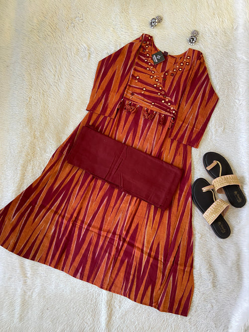 Ikkat Print Cotton Aline Kurti With Palazzo. Cotton Kurti Sets For Women Online India. Shop the Latest Festive Summer Collection at Shivani Designer Kurti.