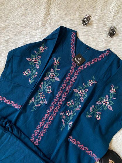 Cross Stitch Embroidery Work Cotton Straight Kurti With Palazzo. Cotton Kurti Sets For Women Online India. Shop the Latest Festive Summer Collection at Shivani Designer Kurti.