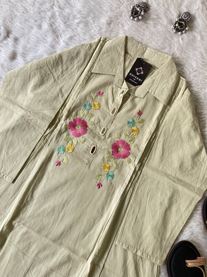 Beautiful Embroidery Work Cotton Co-ord Set With Palazzo. Cotton Co-ord Sets For Women Online India. Shop the Latest Festive Summer Collection at Shivani Designer Kurti.