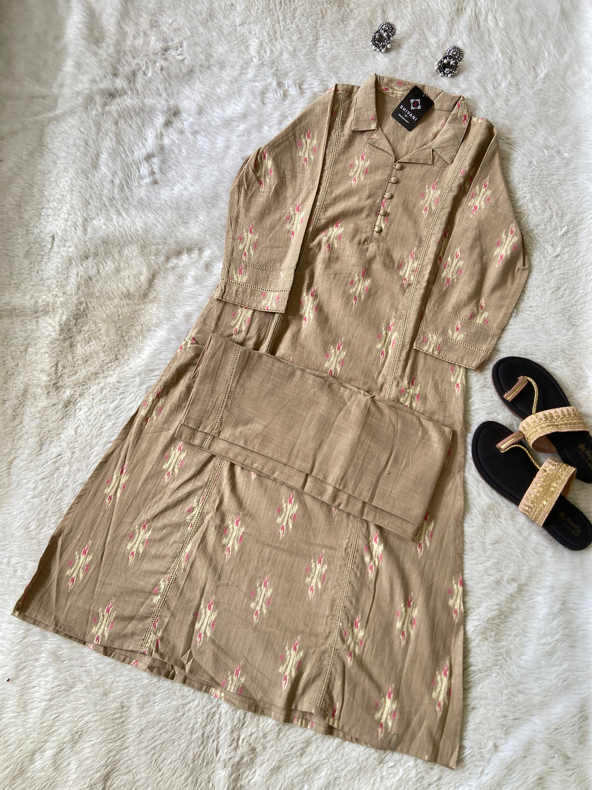 Ikkat Print, Cotton Aline Kurti With Palazzo. Cotton Kurti Sets For Women Online India. Shop the Latest Festive Summer Collection at Shivani Designer Kurti.
