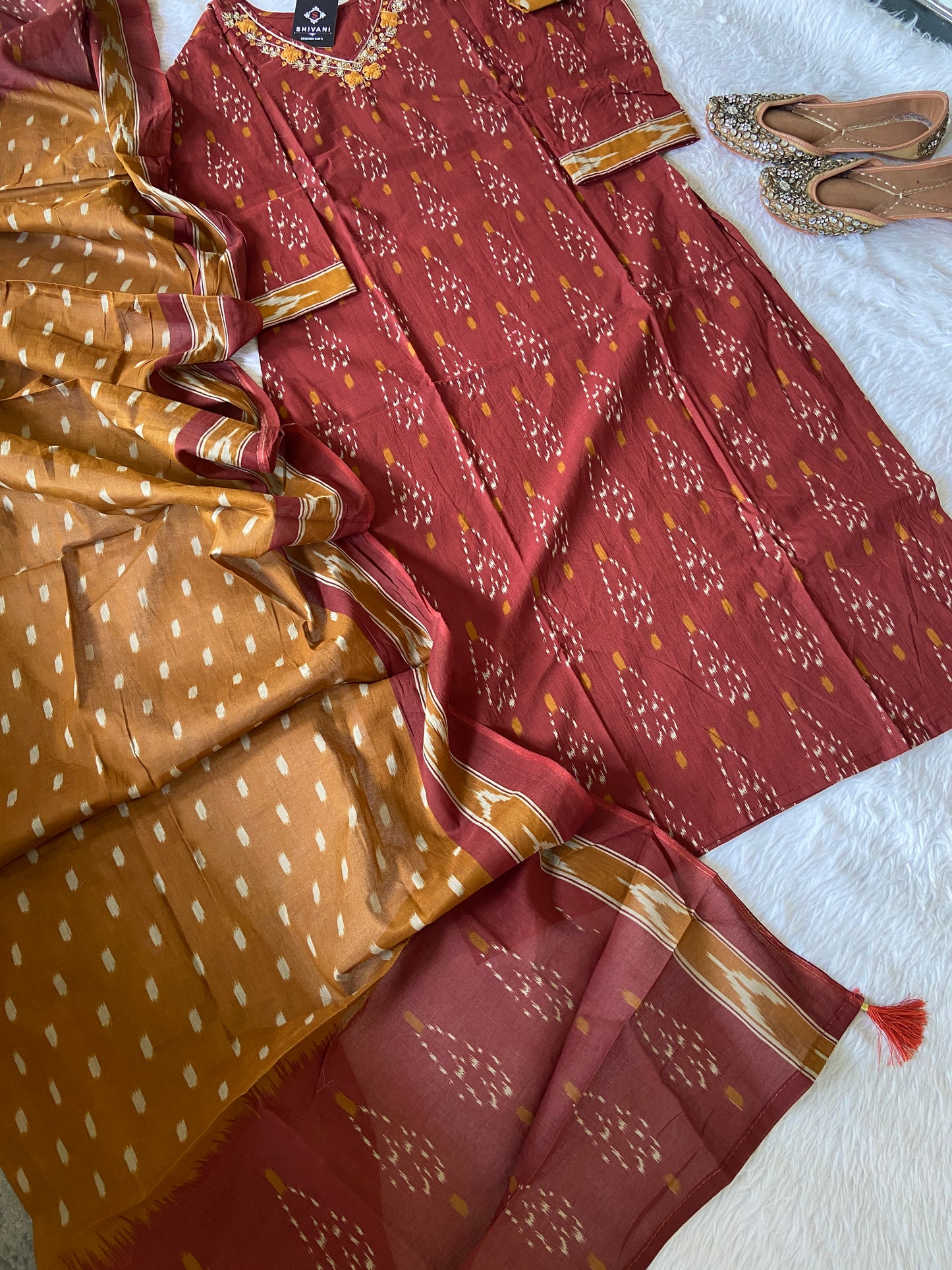 Ikkat Print With VNeck Handwork With Pant And Dupatta. Cotton StraightCut Suit Sets For Women