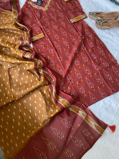 Ikkat Print With VNeck Handwork With Pant And Dupatta. Cotton StraightCut Suit Sets For Women