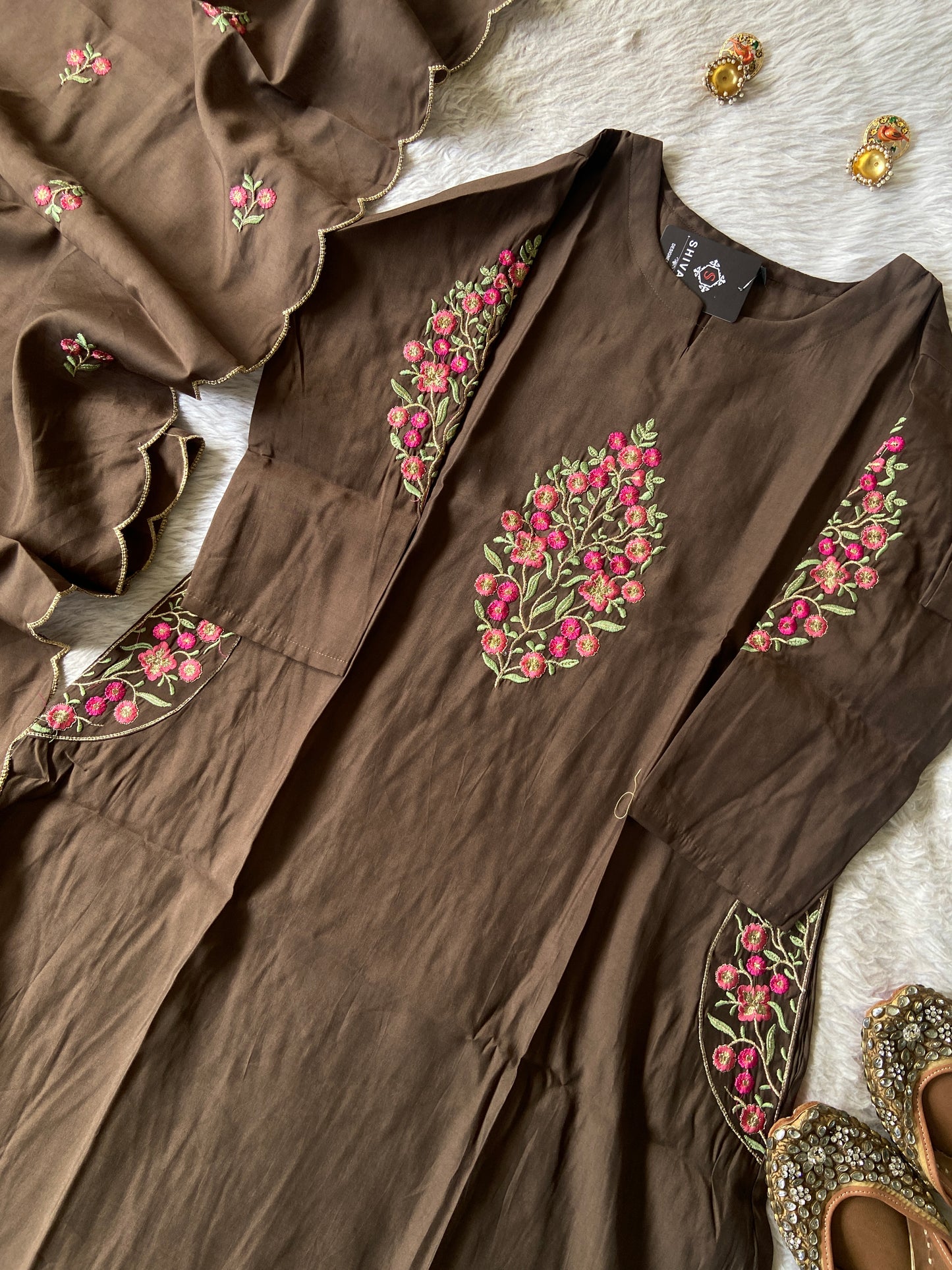 Roman Silk Aline Kurti With Pant And Dupatta. (No Lining). Silk Suit Sets For Women Online India. Shop the Latest Festive Summer Collection at Shivani Designer Kurti.