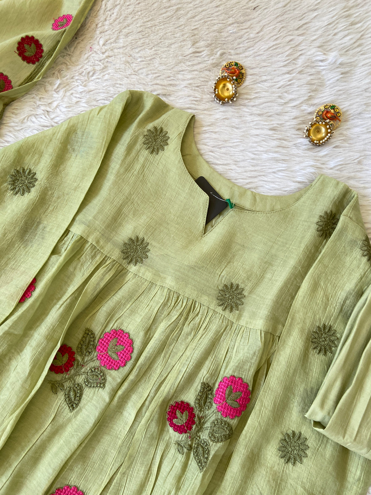 Flower Embroidery Work Coral Silk Aline Kurti With Palazzo And Dupatta. Silk Suit Sets For Women Online India. Shop the Latest Festive Summer Collection at Shivani Designer Kurti.