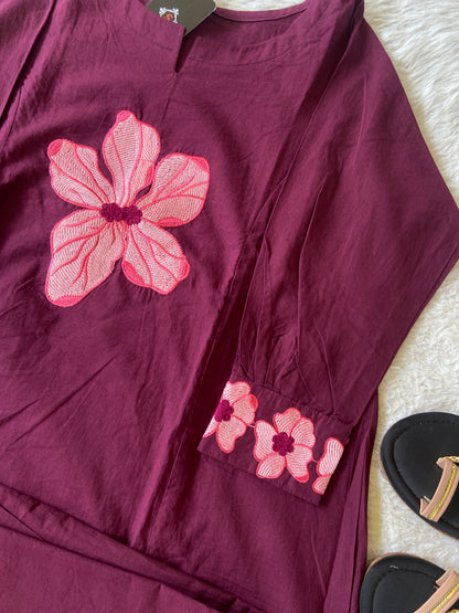 Flower Embroidery Work Cotton Aline Kurti With Palazzo. Cotton Kurti Sets For Women Online India. Shop the Latest Festive Summer Collection at Shivani Designer Kurti.