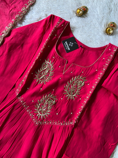 Handwork Aline Kurti With Palazzo And Dupatta. Silk Suit Sets For Women Online India. Shop the Latest Festive Summer Collection at Shivani Designer Kurti.