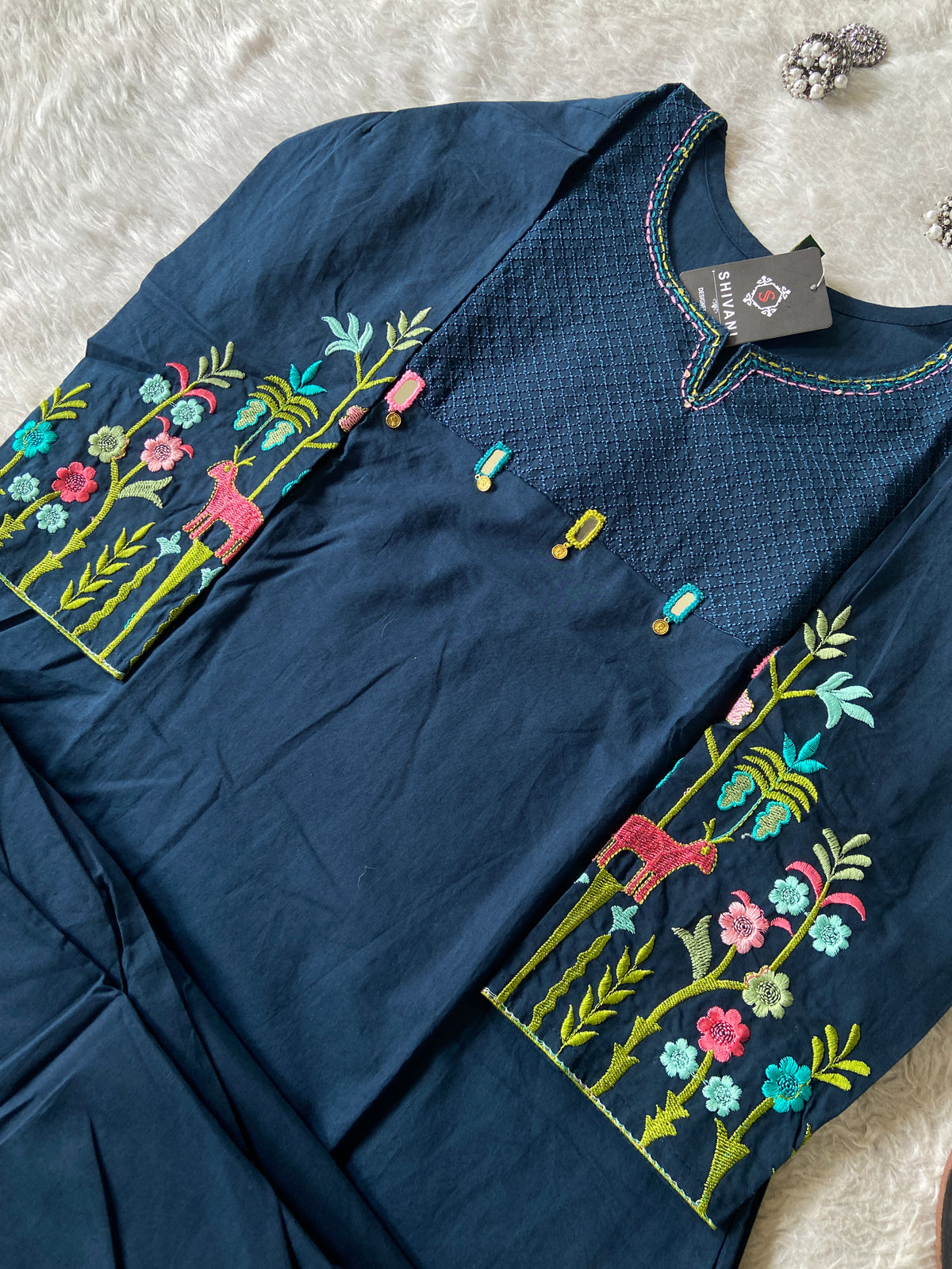 Embroidery Work Cotton Aline Kurti And Palazzo. Cotton Aline Kurti Sets For Women Online India. Shop the Latest Festive Summer Collection at Shivani Designer Kurti.