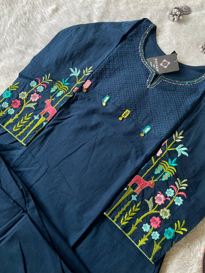 Embroidery Work Cotton Aline Kurti And Palazzo. Cotton Aline Kurti Sets For Women Online India. Shop the Latest Festive Summer Collection at Shivani Designer Kurti.