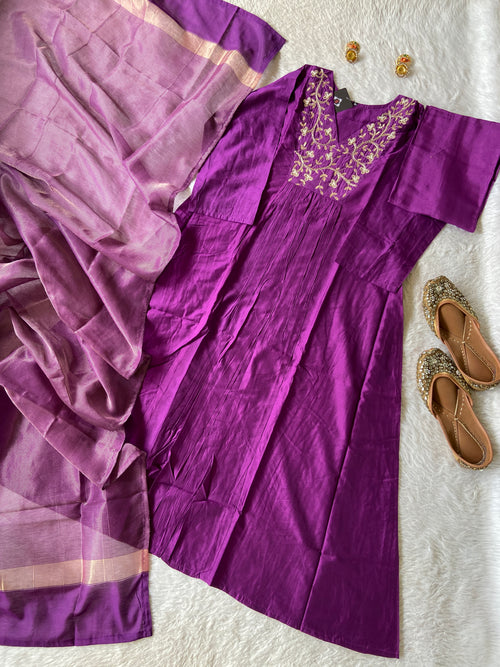 Hand Work Neck, Jamdani Silk Aline Kurti With Palazzo And Dupatta. Silk Suit Sets For Women Online India. Shop the Latest Festive Summer Collection at Shivani Designer Kurti.
