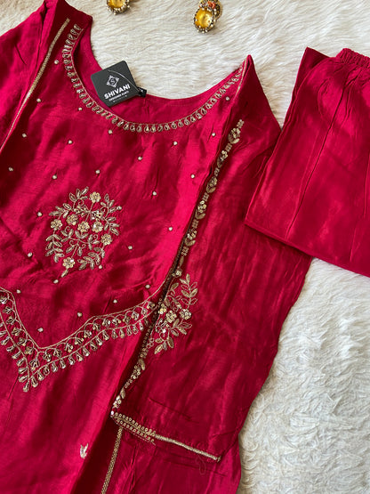 Heavy Neck Work Aline Kurti With Pant And Dupatta. Silk Suit Sets For Women Online India. Shop the Latest Festive Summer Collection at Shivani Designer Kurti.