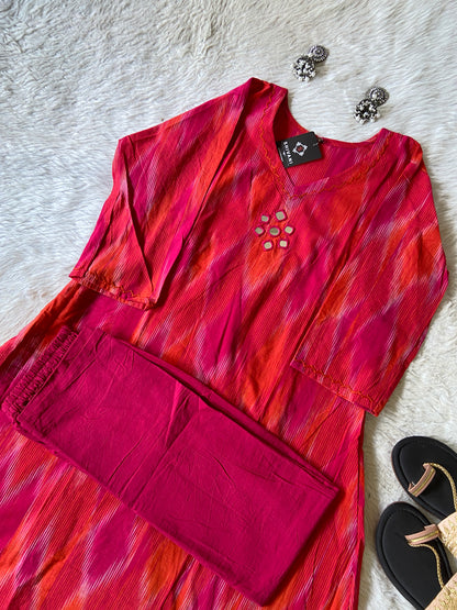 Ikkat Print Cotton Aline Kurti With Palazzo. Cotton Aline Kurti Sets For Women Online India. Shop the Latest Festive Summer Collection at Shivani Designer Kurti.