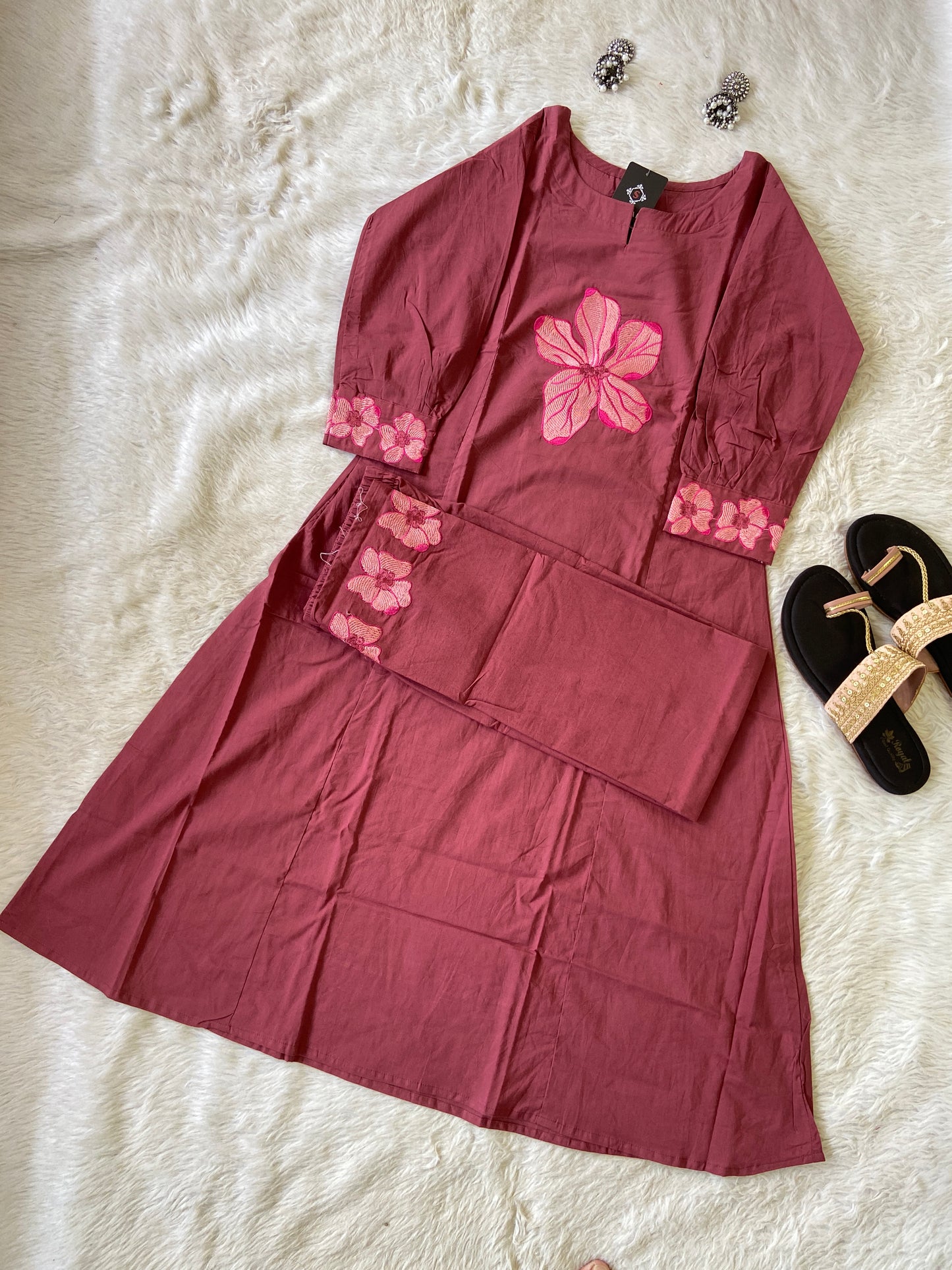 Flower Work In Sleeeve, Palazzo And Neck, Beautiful Aline Kurti With Plain Palazzo. Cotton Aline Kurti Sets For Women