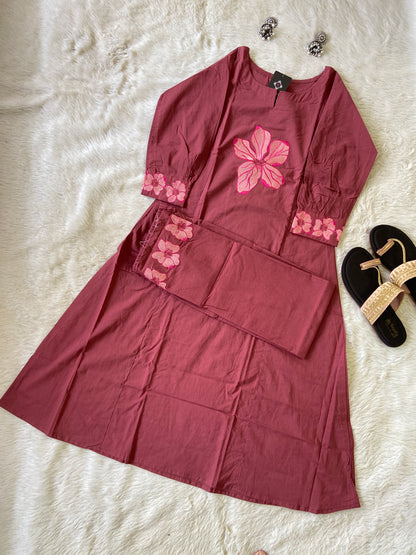 Flower Work In Sleeeve, Palazzo And Neck, Beautiful Aline Kurti With Plain Palazzo. Cotton Aline Kurti Sets For Women