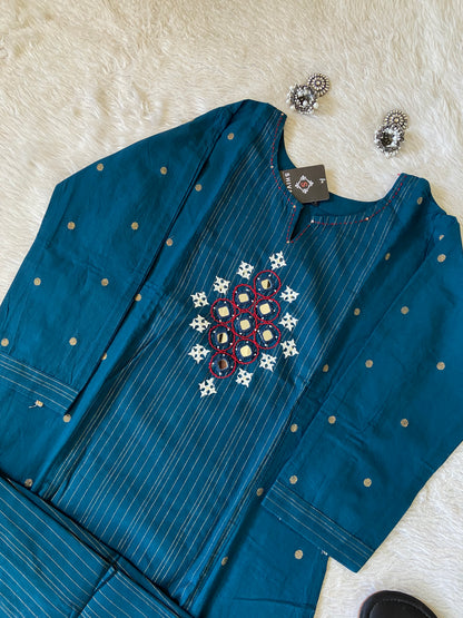 Mirror Work With Hand Work Cotton Aline Kurti With Pant. Cotton Kurti Sets For Women Online India. Shop the Latest Festive Summer Collection at Shivani Designer Kurti.