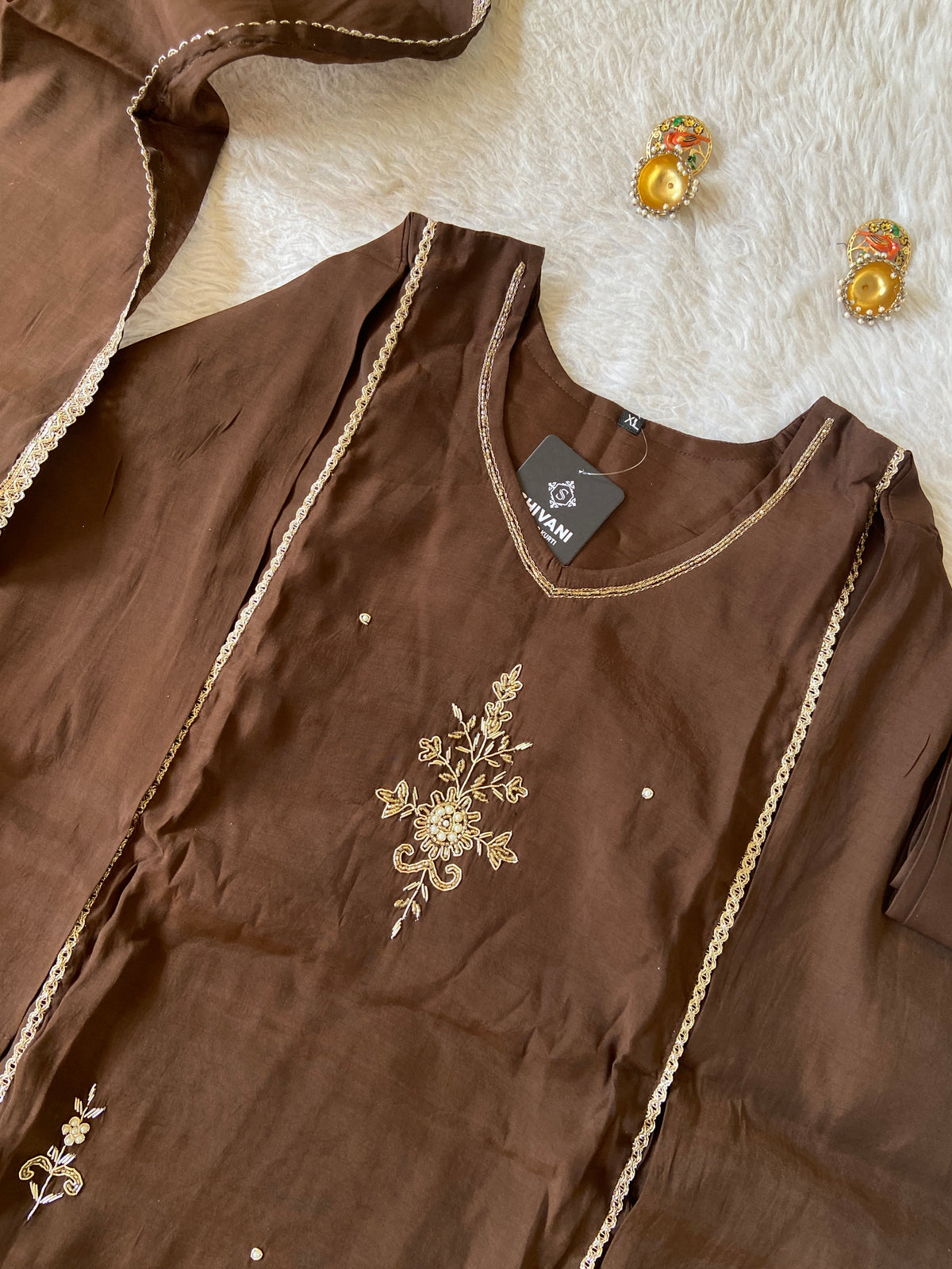 HandWork Work Mul Chanderi ALine Kurti With Semi Palazzo And Dupatta. Silk Suit Sets For Women Online India. Shop the Latest Festive Summer Collection at Shivani Designer Kurti.