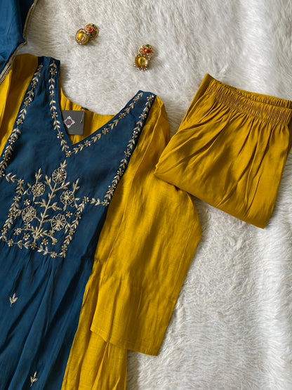 Hand Work Aline Kurti With Palazzo And Dupatta. Silk Suit Sets For Women Online India. Shop the Latest Festive Summer Collection at Shivani Designer Kurti.