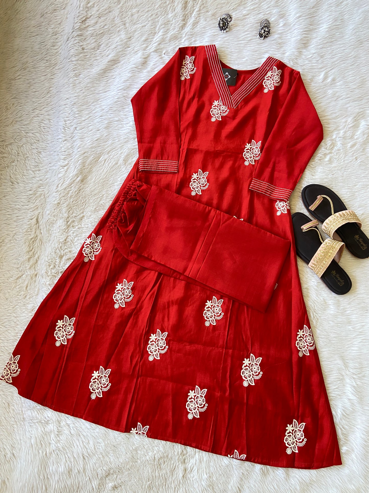 Embroidery Work In Aline Kurti With Matching Palazzo, Silk Aline Kurti Sets For Women