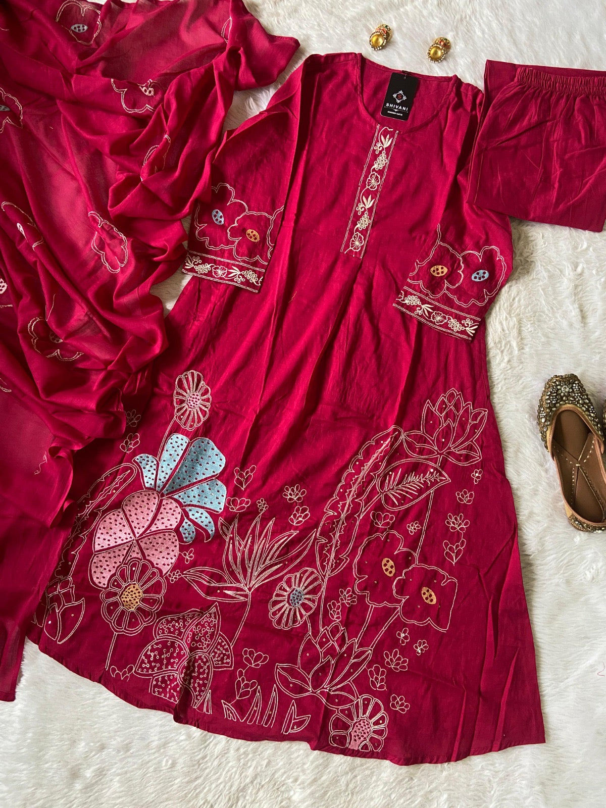 Aline Kurti With Embroidery Work, Pant, Dupatta. Cotton Aline Suit Set For Women