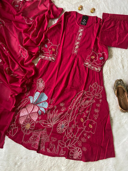 Aline Kurti With Embroidery Work, Pant, Dupatta. Cotton Aline Suit Set For Women