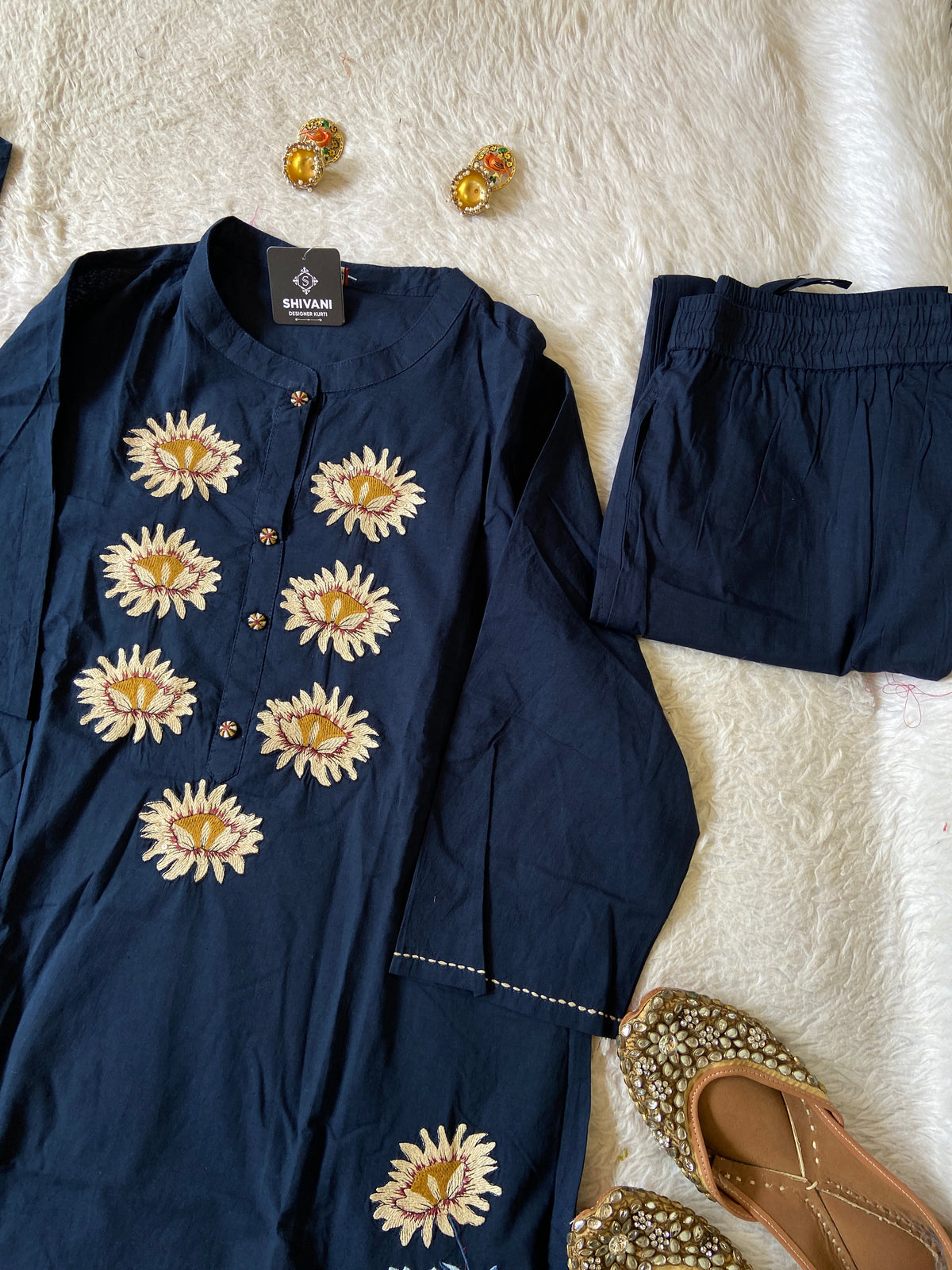 Flower Embroidery Work Cotton Straight Kurti, Pant And Dupatta. Cotton Suit Sets For Women Online India. Shop the Latest Festive Summer Collection at Shivani Designer Kurti.