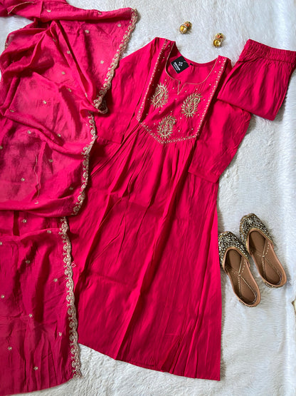 Handwork Aline Kurti With Palazzo And Dupatta. Silk Suit Sets For Women Online India. Shop the Latest Festive Summer Collection at Shivani Designer Kurti.