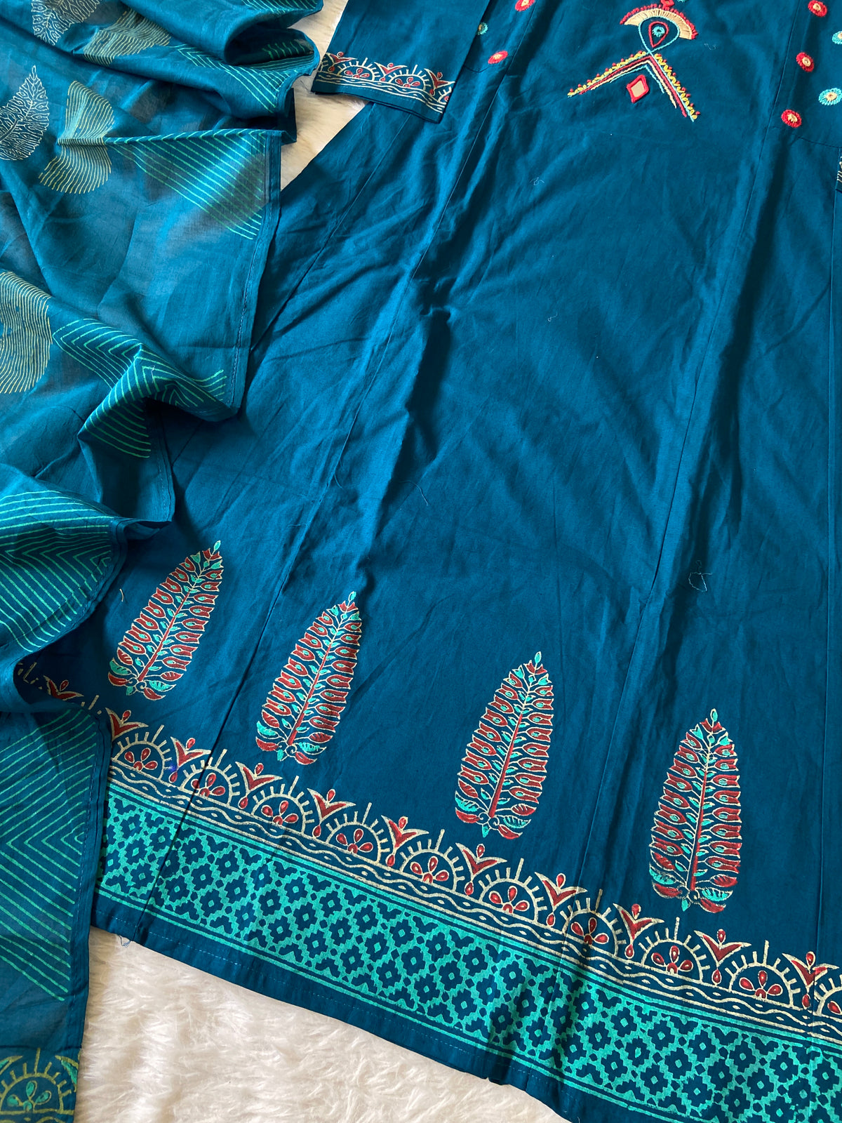 Cotton Hand Work Aline Kurti With Plain Palazzo And Block Printed Dupatta (Gamthi Pair). Cotton Suit Sets For Women Online India. Shop the Latest Festive Summer Collection at Shivani Designer Kurti.