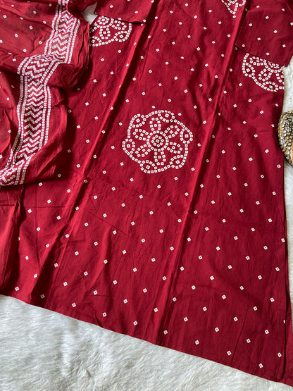Bandani / Bandhej Print Cotton Aline Kurti With Palazzo And Dupatta.. Cotton Suit Sets For Women Online India. Shop the Latest Festive Summer Collection at Shivani Designer Kurti.