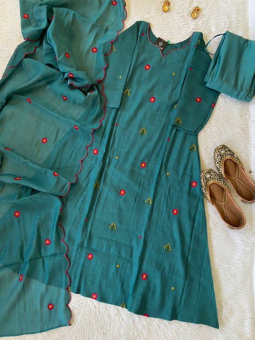 Flower Embroidery Work Coral Silk Aline Kurti With Palazzo And Dupatta. Silk Suit Sets For Women Online India. Shop the Latest Festive Summer Collection at Shivani Designer Kurti.