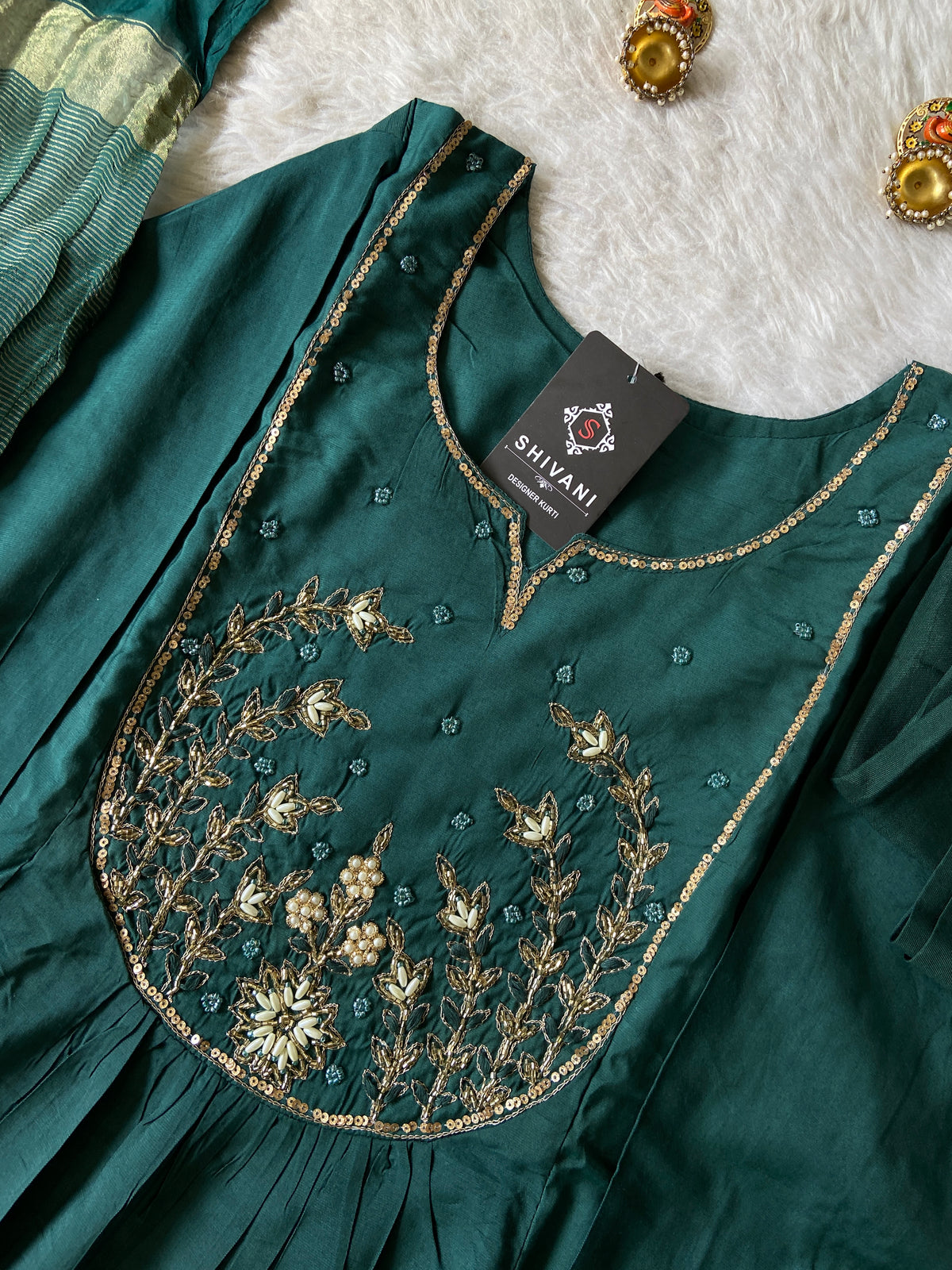 Hand Work Neck, Jamdani Silk Aline Kurti With Palazzo And Dupatta. Silk Suit Sets For Women Online India. Shop the Latest Festive Summer Collection at Shivani Designer Kurti.