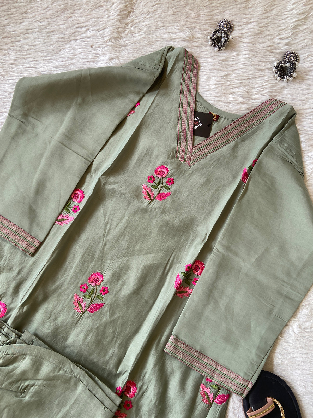 Embroidery Work Roman Silk Aline Kurti With Palazzo. Silk Kurti Sets For Women Online India. Shop the Latest Festive Summer Collection at Shivani Designer Kurti.