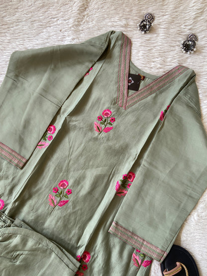 Embroidery Work Roman Silk Aline Kurti With Palazzo. Silk Kurti Sets For Women Online India. Shop the Latest Festive Summer Collection at Shivani Designer Kurti.