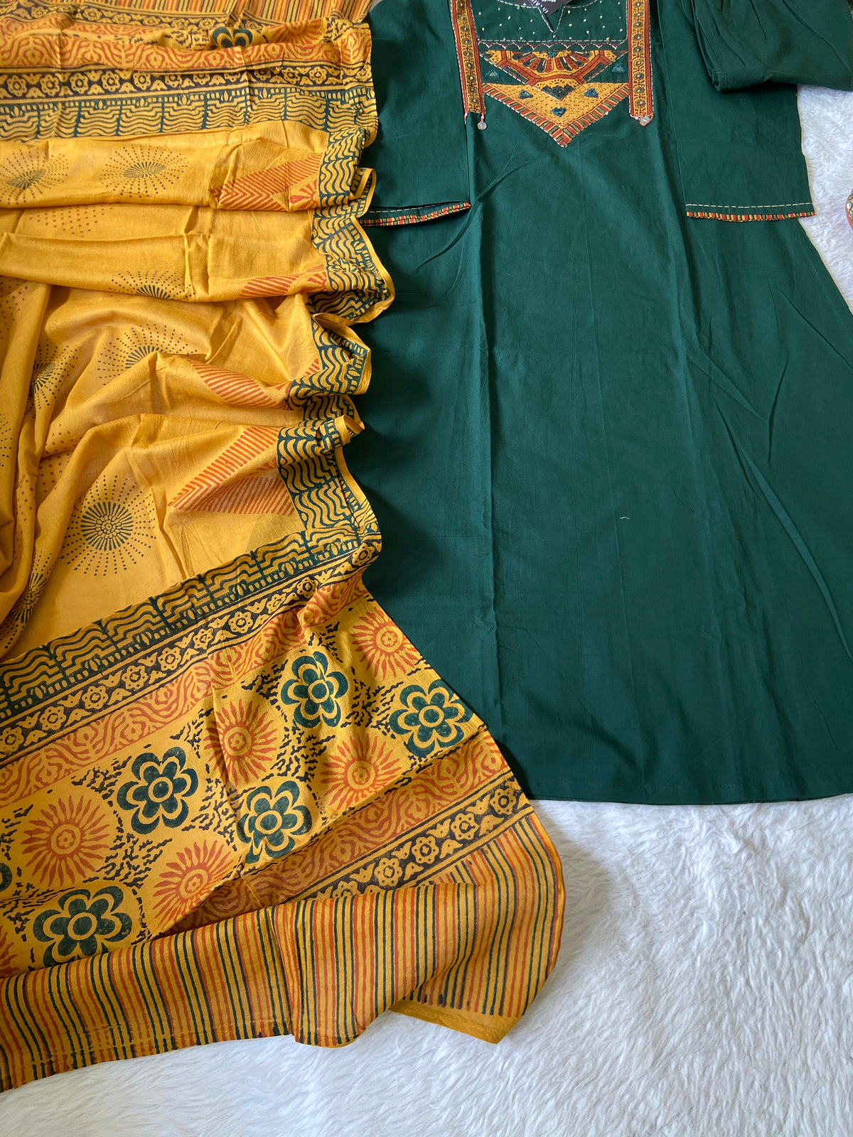 Cotton Hand Work Aline Kurti With Plain Palazzo And Block Printed Dupatta (Gamthi Pair). Cotton Suit Sets For Women Online India. Shop the Latest Festive Summer Collection at Shivani Designer Kurti.