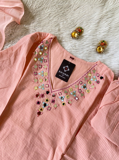 Mirror Work Cotton Straight Cut Kurti With Pant And Dupatta. Cotton Suit Sets For Women Online India. Shop the Latest Festive Summer Collection at Shivani Designer Kurti.