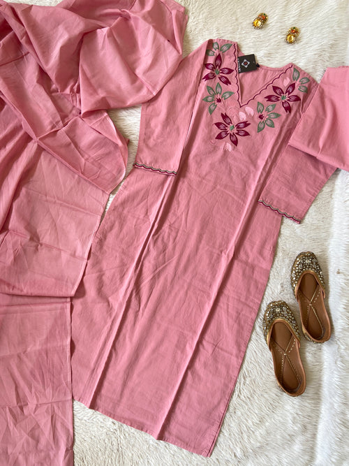 Embroidery Work Cotton Straight Cut Kurti With Pant And Dupatta. Cotton Suit Sets For Women Online India. Shop the Latest Festive Summer Collection at Shivani Designer Kurti.