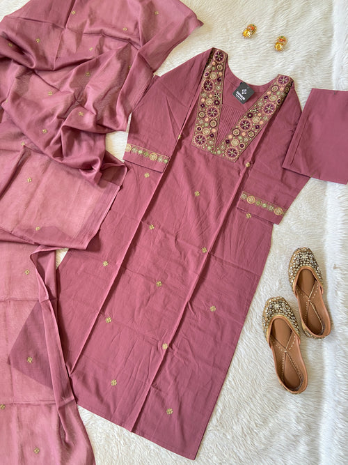 Embroidery Work Cotton Straight Cut Kurti With Pant And Dupatta. Cotton Suit Sets For Women Online India. Shop the Latest Festive Summer Collection at Shivani Designer Kurti.)