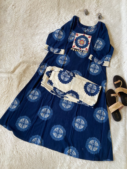 Shibori Print Cotton Aline Kurti With Pant. Cotton Kurti Sets For Women Online India. Shop the Latest Festive Summer Collection at Shivani Designer Kurti.