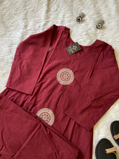 White Embroidery Work With Matching Palazzo. Cotton Aline Kurti Sets For Women