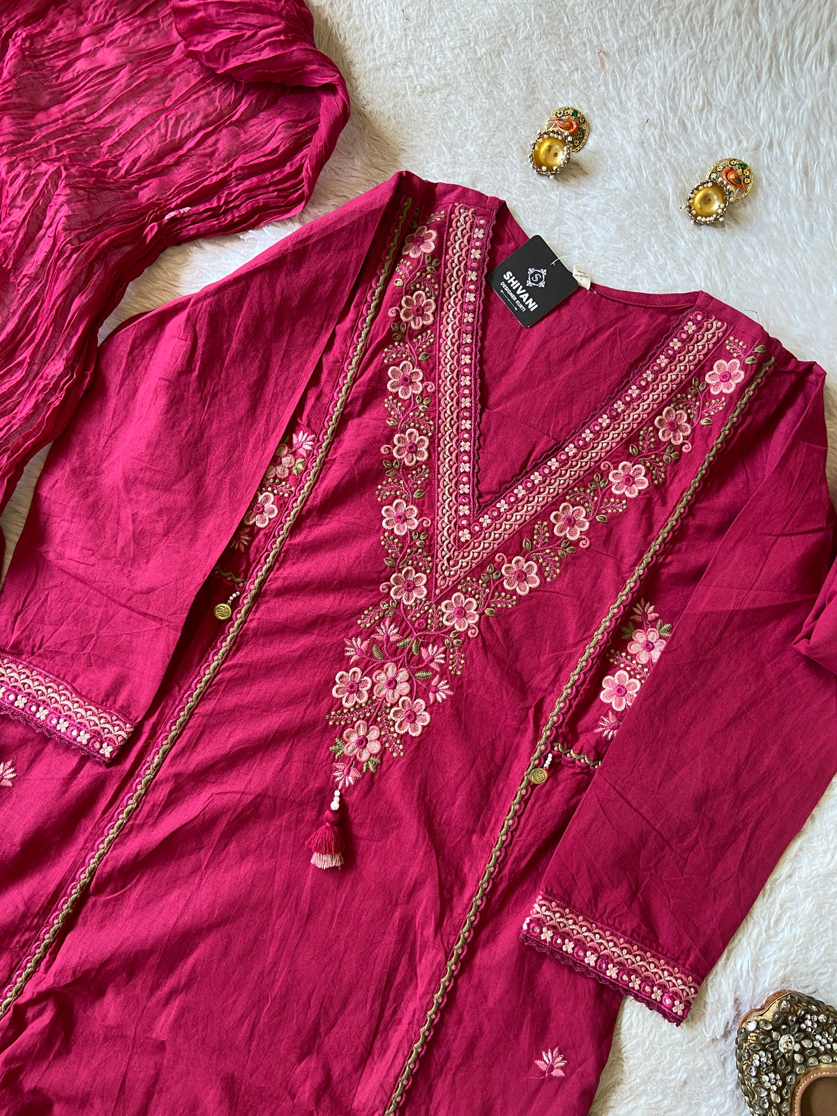 Embroidery Work Cotton Aline Kurti, Pant And Dupatta. Cotton Suit Sets For Women Online India. Shop the Latest Festive Summer Collection at Shivani Designer Kurti.