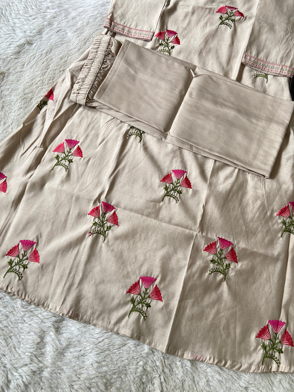 Flower Embroidery Work, V-Neck Style Aline Kurti And Palazzo. Silk Aline Kurti Sets For Women Online India. Shop the Latest Festive Summer Collection at Shivani Designer Kurti.