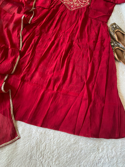 Embroidery Work Mul Chanderi ALine Kurti With Semi Palazzo And Dupatta. Silk Suit Sets For Women Online India. Shop the Latest Festive Summer Collection at Shivani Designer Kurti.