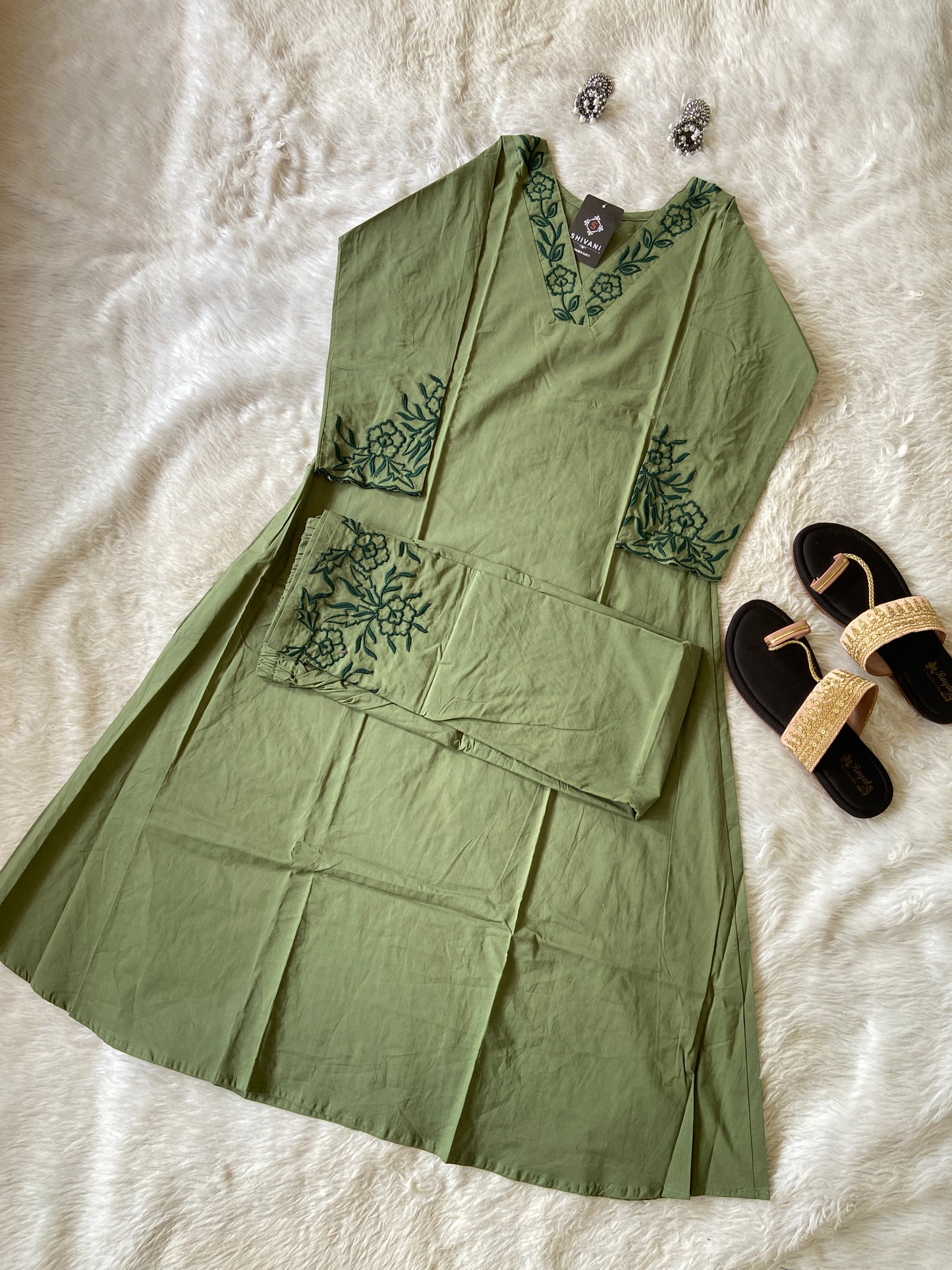 Aline Kurti With Embroidery Neck Work And Palazzo Work. Cotton Aline Kurti Sets For Women