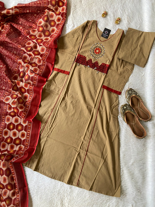 Cotton Hand Work Aline Kurti With Palazzo And Print Dupatta (Gamthi Pair). Cotton Suit Sets For Women Online India. Shop the Latest Festive Summer Collection at Shivani Designer Kurti.