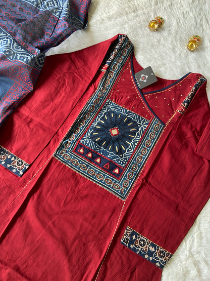 Patchwork And Mirrorwork In Neck, Cotton Aline Kurti With Pant And Dupatta (Gamthi Pair). Cotton Suit Sets For Women Online India. Shop the Latest Festive Summer Collection at Shivani Designer Kurti.