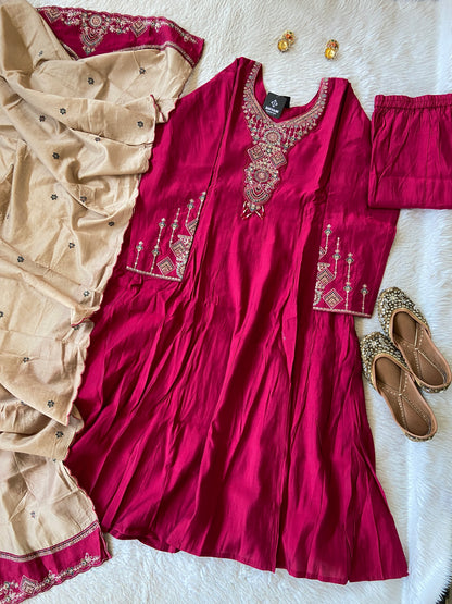 Embroidery Work With Full Sleeve Anarkali Kurti With Palazzo And Dupatta. Silk Suit Sets For Women Online India. Shop the Latest Festive Summer Collection at Shivani Designer Kurti.
