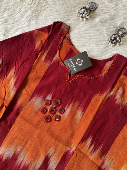 Ikkat Print Cotton Aline Kurti With Palazzo. Cotton Aline Kurti Sets For Women Online India. Shop the Latest Festive Summer Collection at Shivani Designer Kurti.
