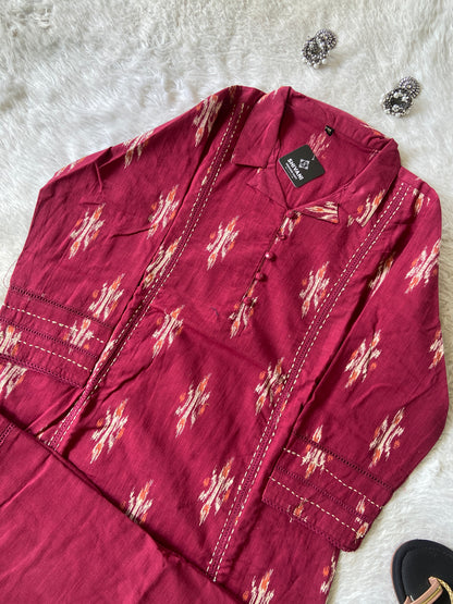 Ikkat Print, Cotton Aline Kurti With Palazzo. Cotton Kurti Sets For Women Online India. Shop the Latest Festive Summer Collection at Shivani Designer Kurti.
