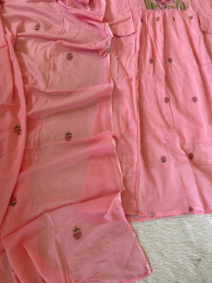 Flower Embroidery Work Cotton Aline Kurti, Pant And Dupatta. Cotton Suit Sets For Women Online India. Shop the Latest Festive Summer Collection at Shivani Designer Kurti.