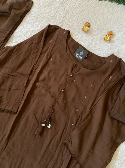 Flower Embroidery Work Cotton Aline Kurti, Pant And Dupatta. Cotton Suit Sets For Women Online India. Shop the Latest Festive Summer Collection at Shivani Designer Kurti.